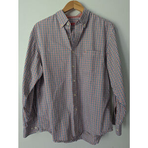 IZOD Mens Long Sleeve Button Down Shirt Sz L Red White & Blue Gingham Cotton EUC